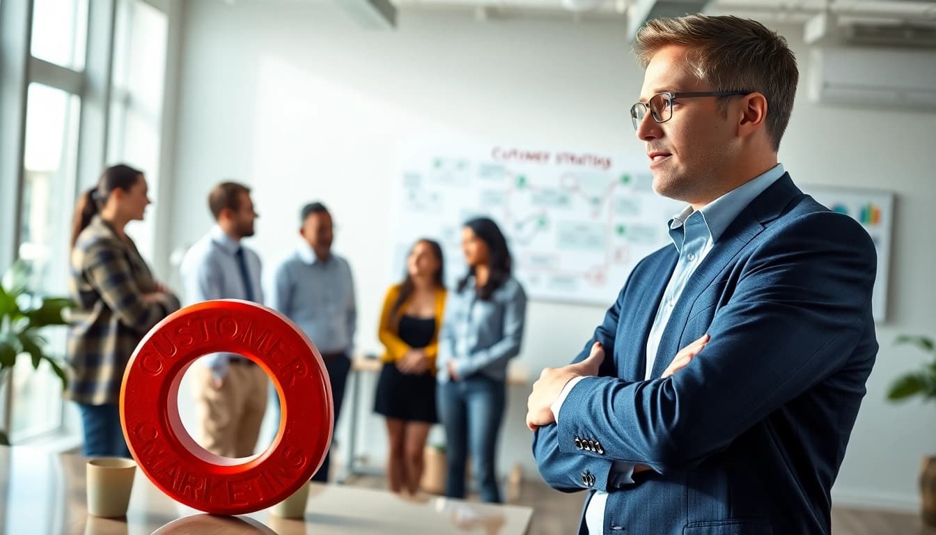 Marketing Consultant collaborating with team in an office to devise strategies.