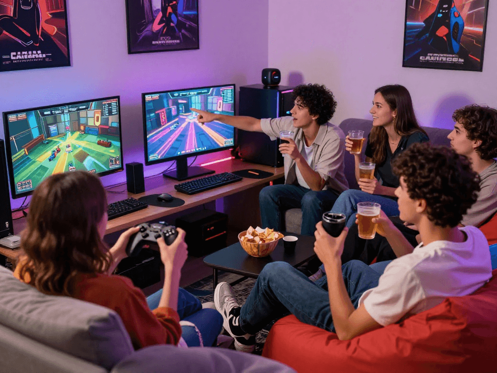 Engaging gaming scene with friends at rokok88 discussing patterns and strategies.