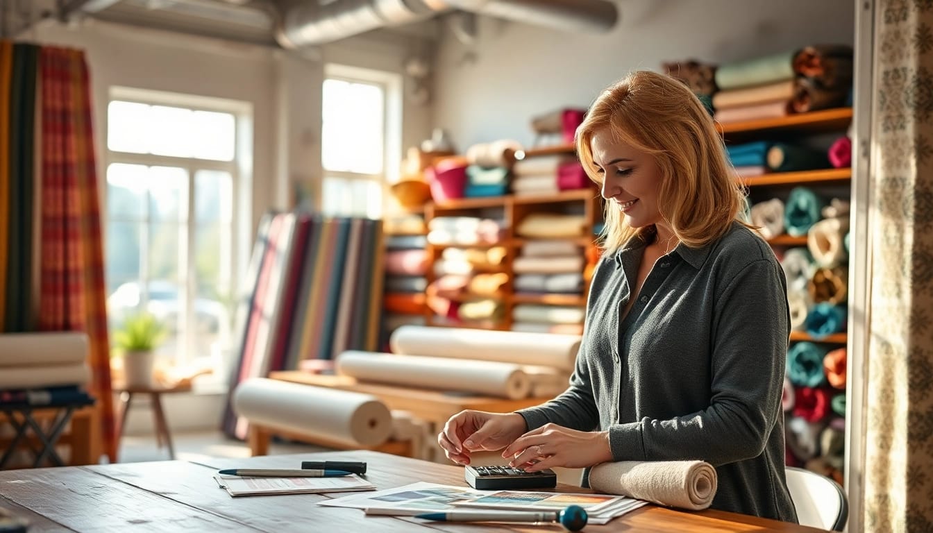Stof kopen per meter in een stijlvolle stoffenwinkel met een interieurontwerper.