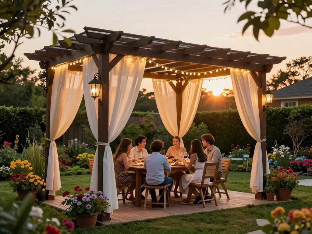 Stunning 3D pergola in a lush garden setting with family enjoying dinner under golden hour light.