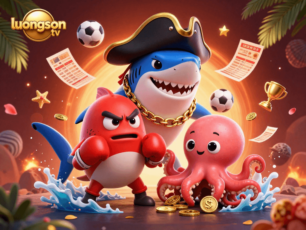 Experience the excitement of betting with luongson tv, featuring a pirate shark and dynamic sports elements.