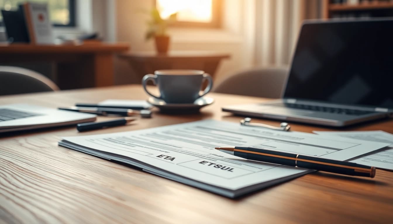 Complete eta uk application form on a desk with pens and a laptop.