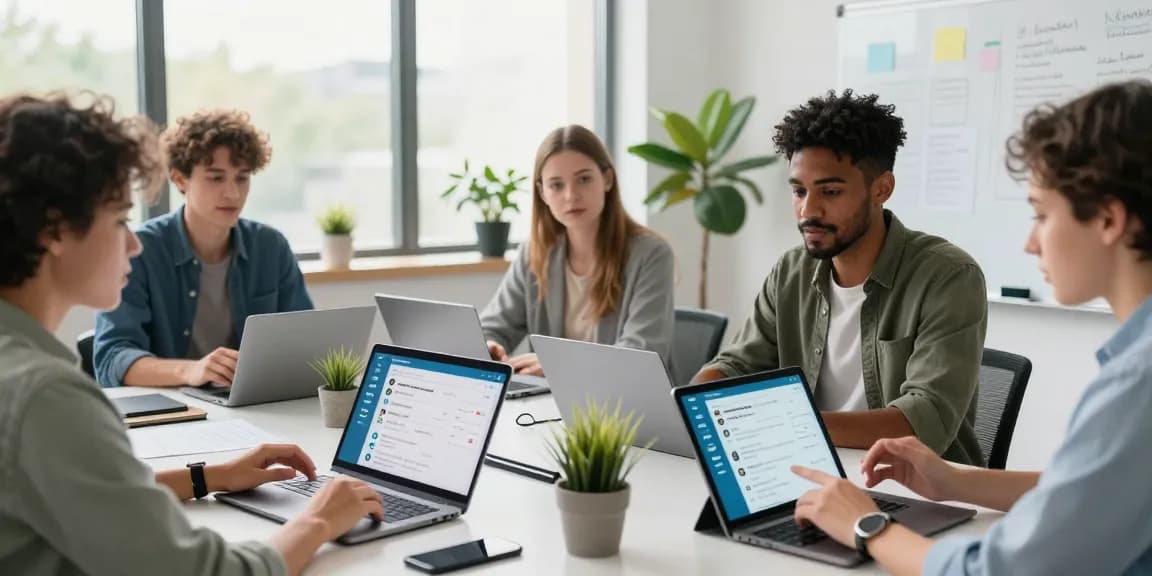 Engaged team collaborating on Telegram Web Version in a bright modern office environment.