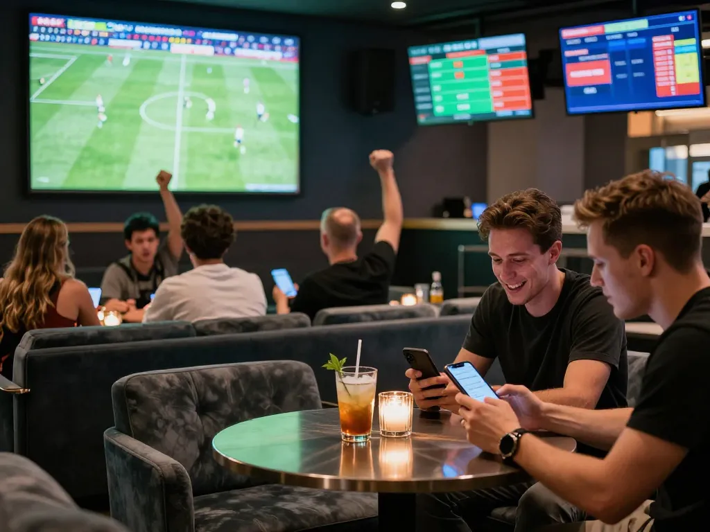 Spectators enjoy live sports betting and analyze soi keo nha cai on mobile devices in a vibrant lounge setting