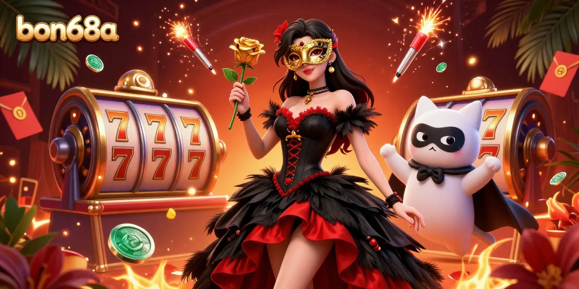 Experience thrilling wins at bon68a with vibrant 3D casino illustration filled with lucky symbols and characters.
