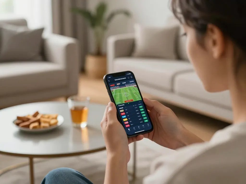 Engaging scene of a user placing ta88ac sports bets on smartphone, showcasing live odds and excitement