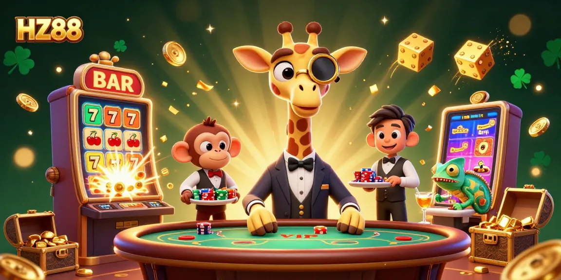 Experience HZ88's vibrant casino scene with animated characters enjoying gambling excitement.