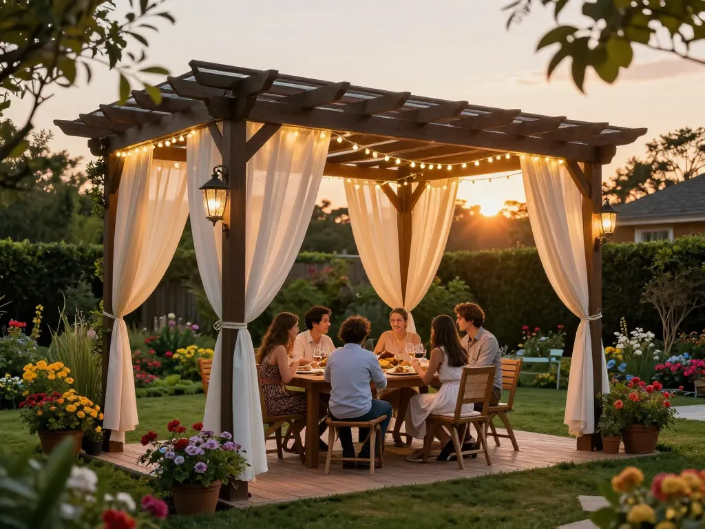 Stunning 3D pergola in a lush garden setting with family enjoying dinner under golden hour light.