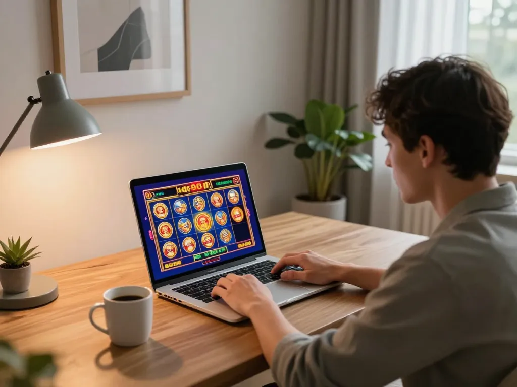 Engaging in du88 slot gameplay at a stylish home setup with a laptop and cozy atmosphere.