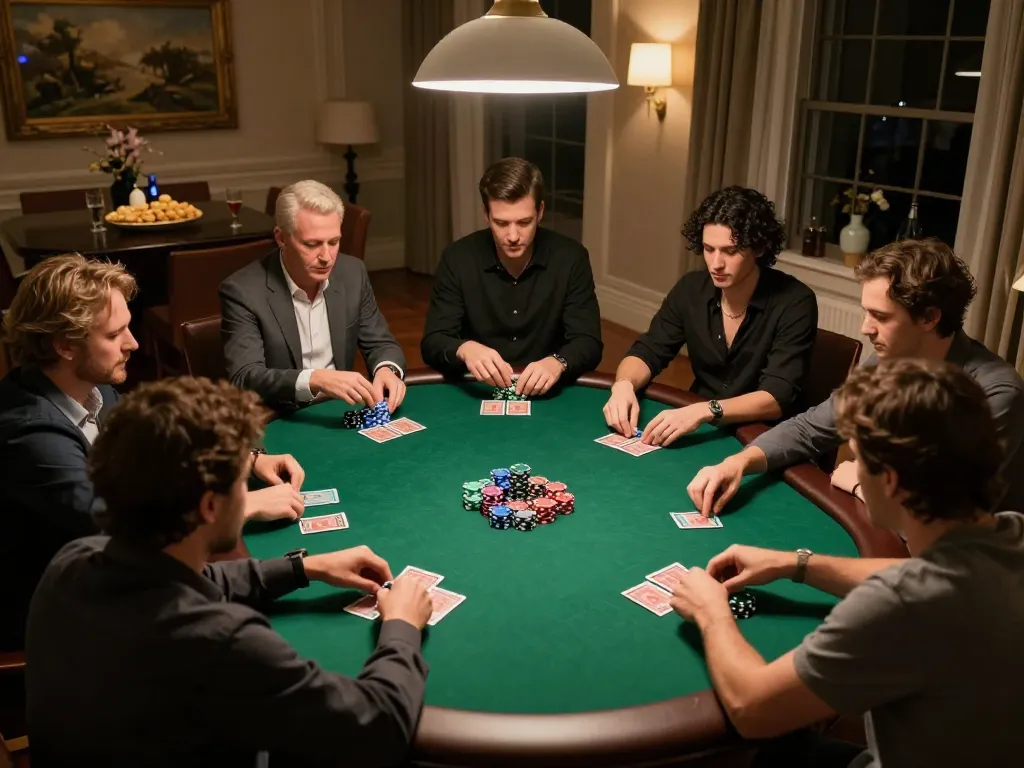F168 players enjoying a lively poker night with chips and cards, immersed in strategic gameplay