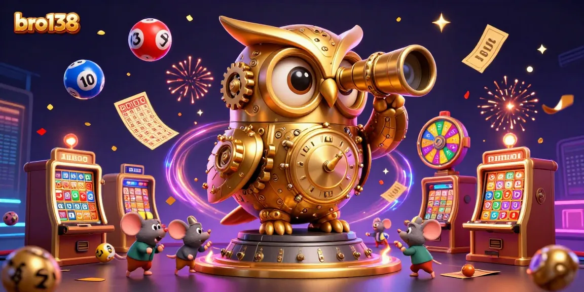 Win big with bro138, a captivating illustration of an owl and playful mice in a vibrant casino.