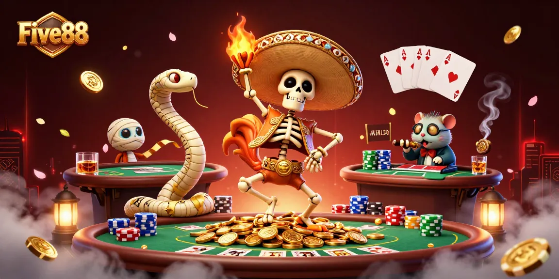 Join Five88's vibrant gaming scene with a mariachi rooster celebrating amid poker action.
