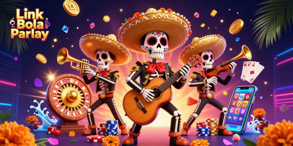 Spin the 3D roulette wheel and bet on Link Bola Parlay with vibrant mariachi characters and casino elements.