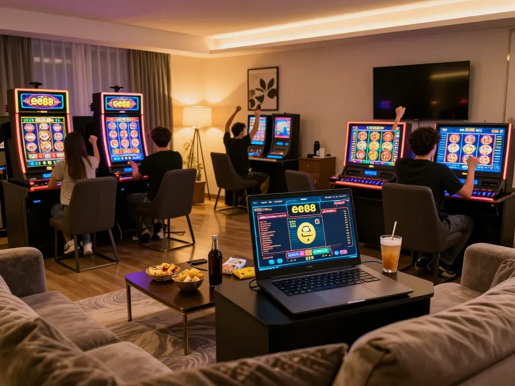 Player celebrating a win while using ee88 on a laptop at home, showcasing a vibrant online gambling atmosphere