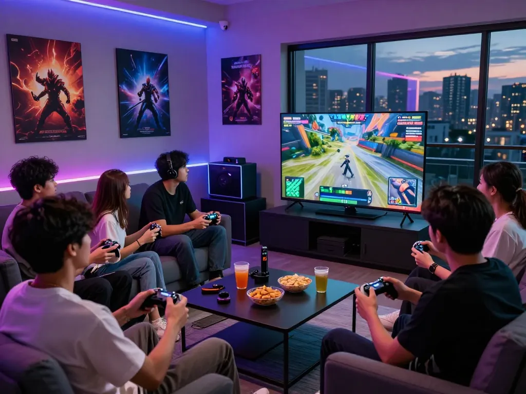 Friends enjoying a gaming night at https://rikviprent.com with snacks and immersive decor.