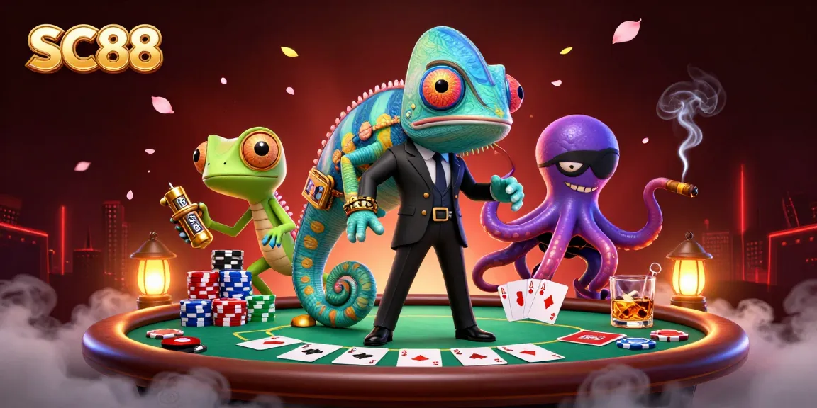 Play high-stakes poker with SC88's dynamic characters at an energetic casino table.