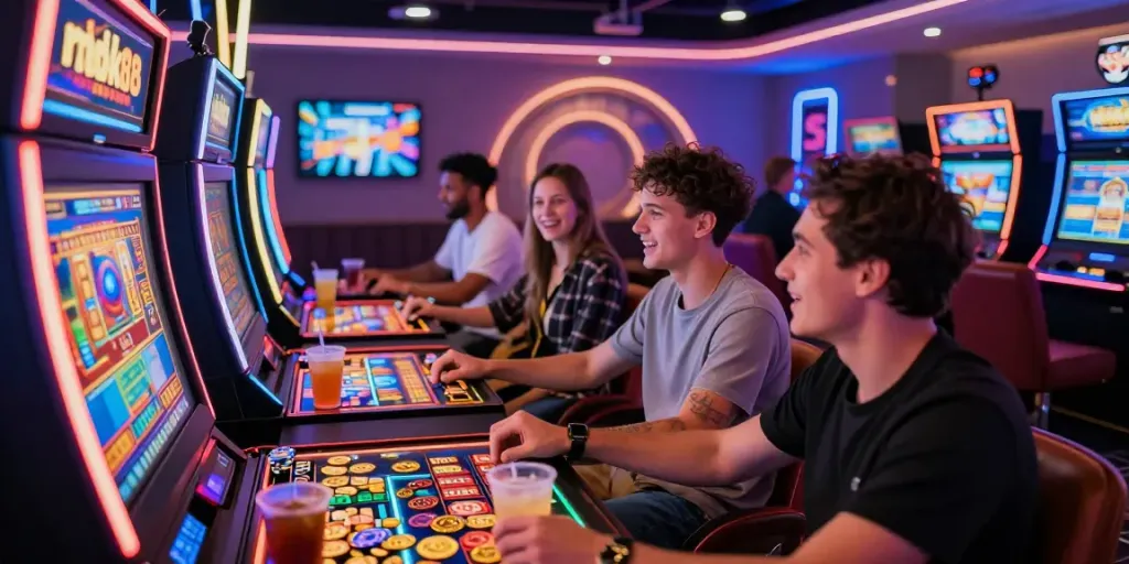 Excited players enjoying rokok88 slot machines in a lively online casino setting.