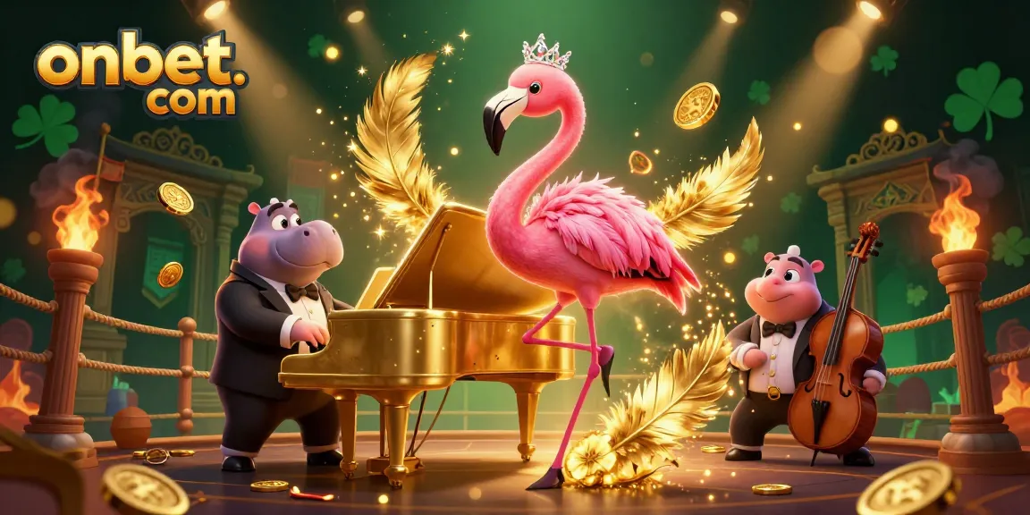 Experience the vibrant world of onbet. com with a lively casino scene featuring a flamingo singer and a hippo bassist.