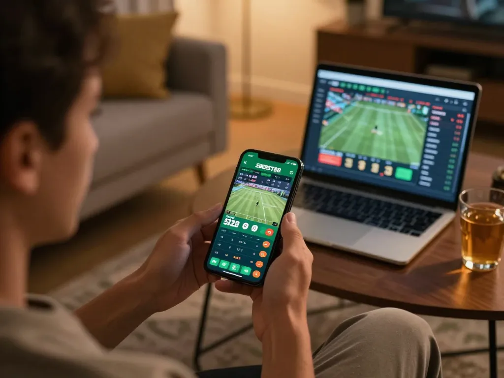 Aplikasi mobile SBOBET88 sedang beraksi, menampilkan taruhan olahraga langsung di smartphone, meningkatkan pengalaman bermain di rumah.