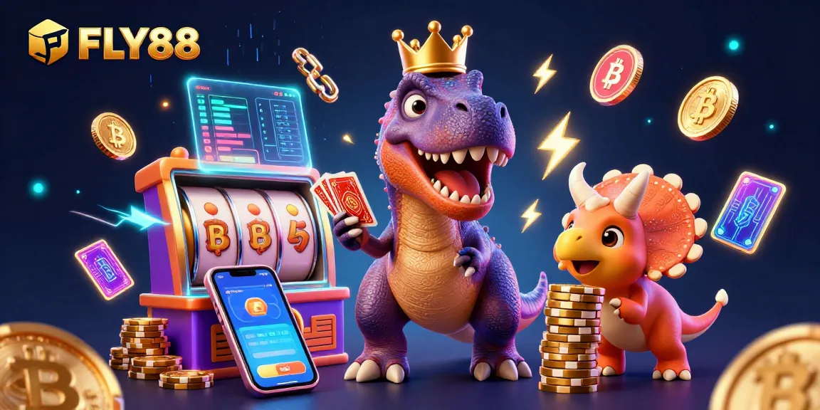 FLY88 showcases a vibrant 3D cartoon casino scene, featuring T-Rex and friends playing cards.