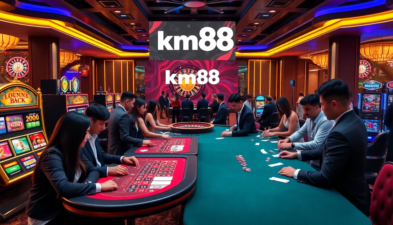 Excited players engaging in casino games at km88, showcasing vibrant slot machines and intense poker action.