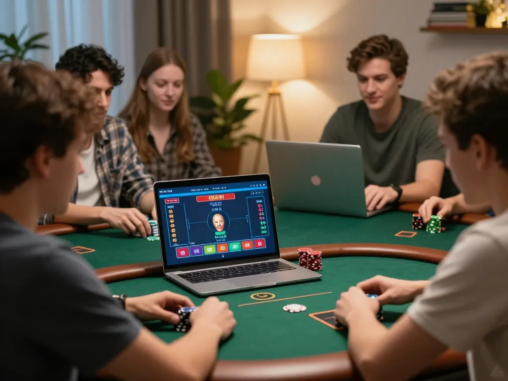 F168bet players strategizing in an online poker game from a cozy home office setting, showcasing strategic gameplay.