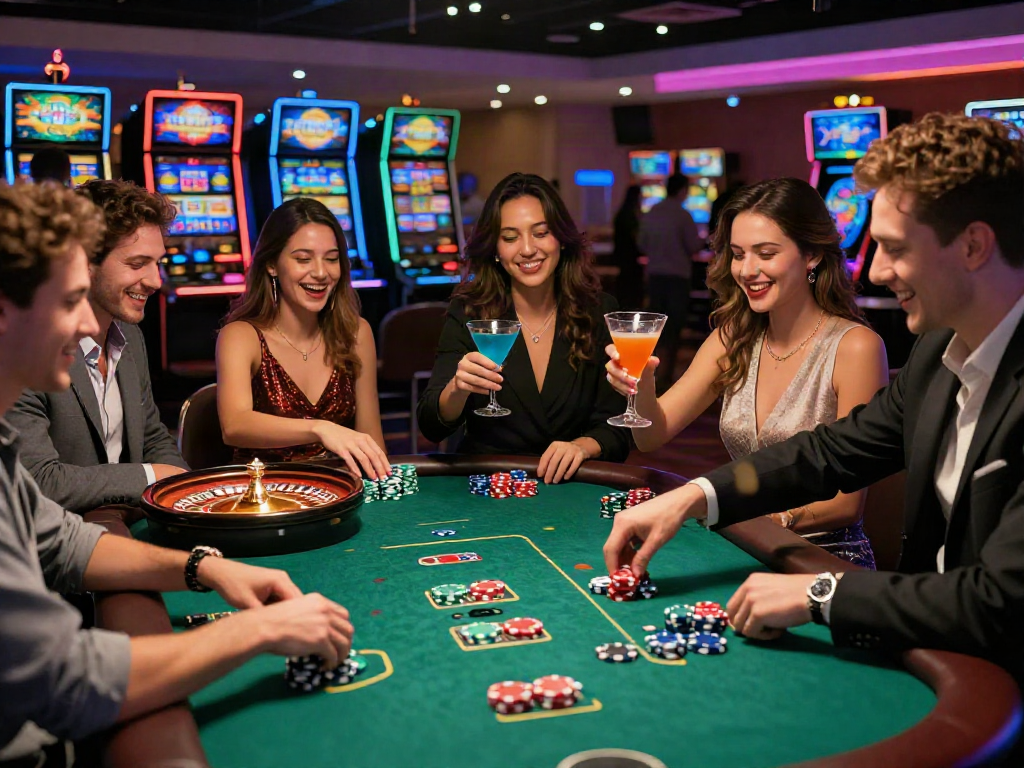 Exciting gambling scene with friends enjoying a game of rokok88 poker in a vibrant casino.