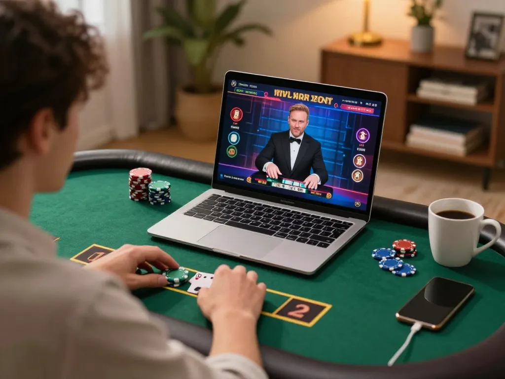 Player engaging in live dealer blackjack at home, showcasing lc88 gaming interface and cozy environment.