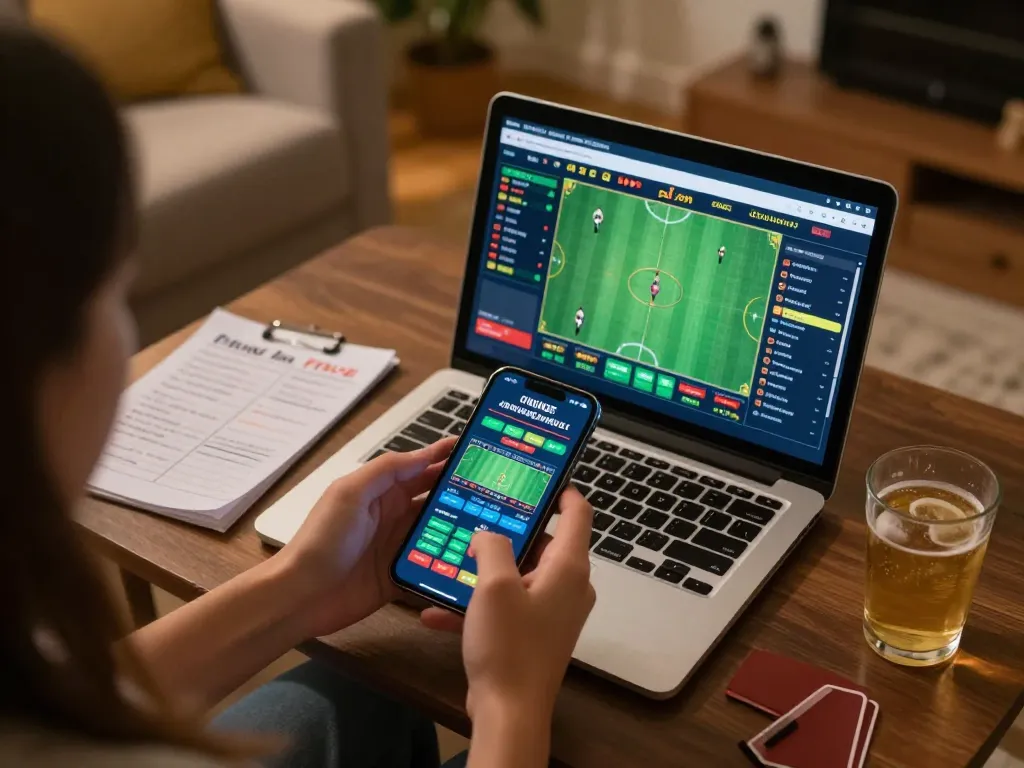 OnBet user placing bets on smartphone at home, highlighting strategic sports betting experience.