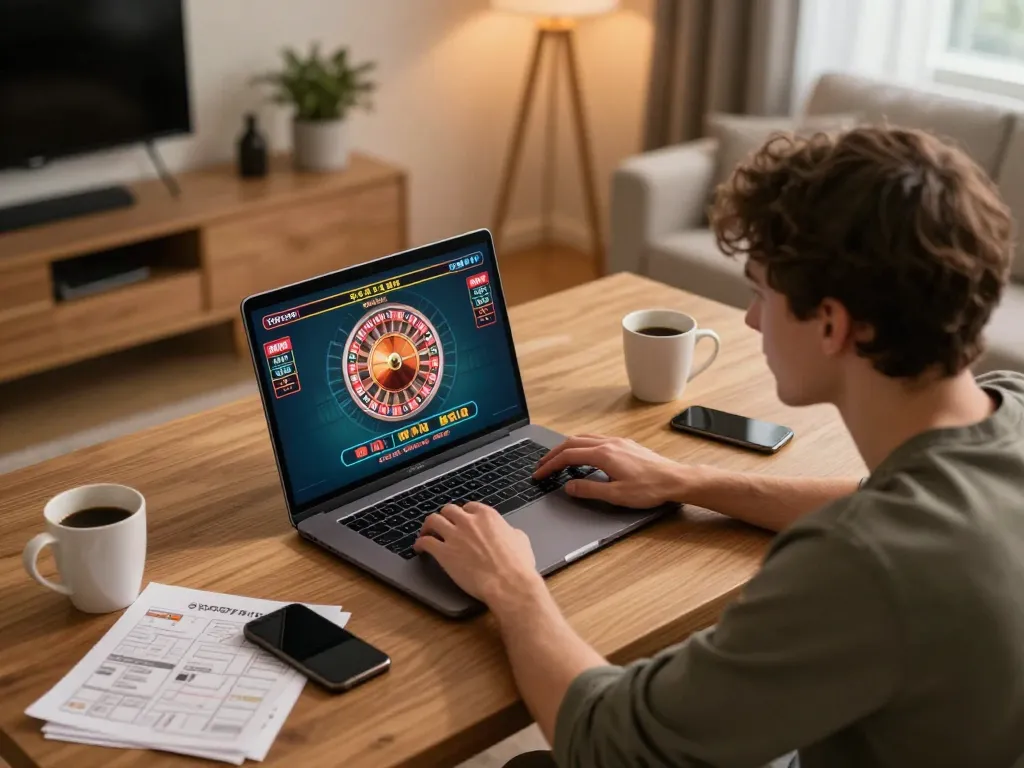 Engaging in rusuntogel gameplay on a laptop, illuminated by bright screen in a cozy setup.