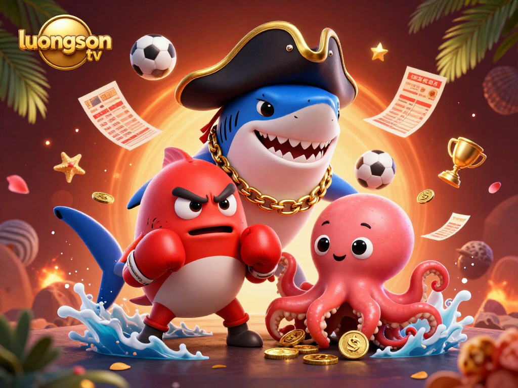 Experience the excitement of betting with luongson tv, featuring a pirate shark and dynamic sports elements.