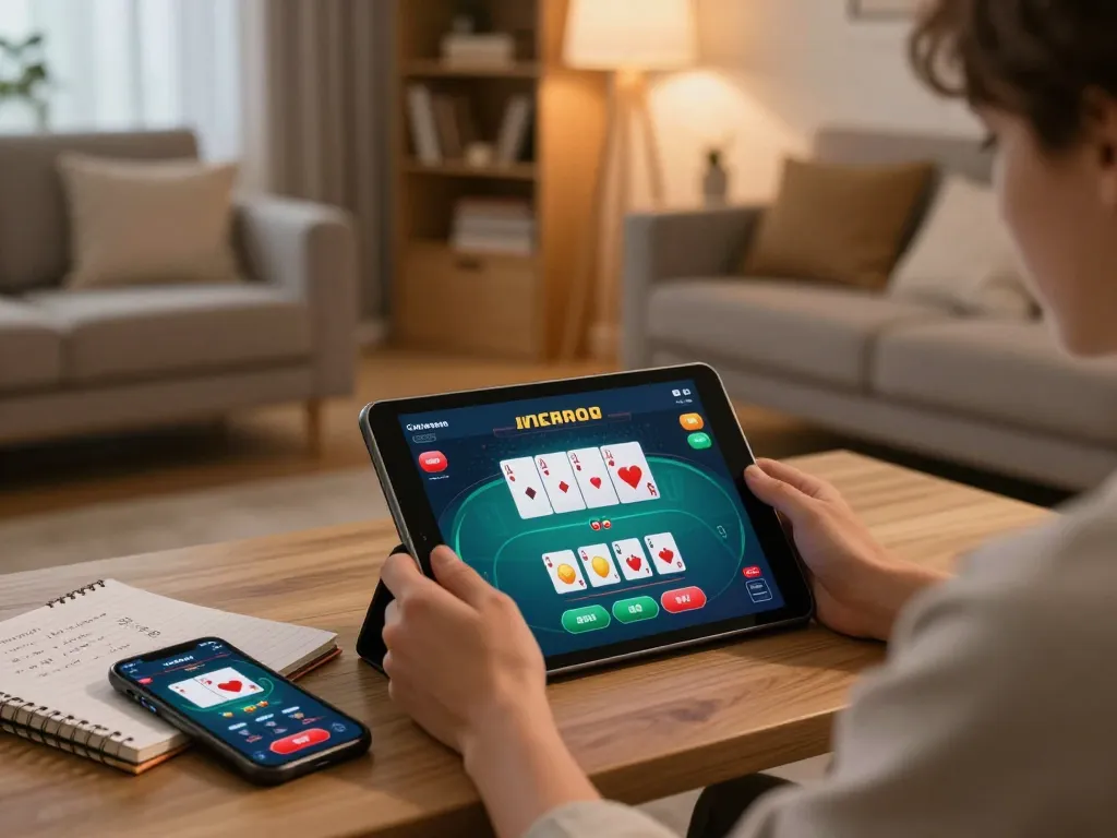Engaged player exploring trang chủ tt88 on a tablet, showcasing an interactive poker game interface.