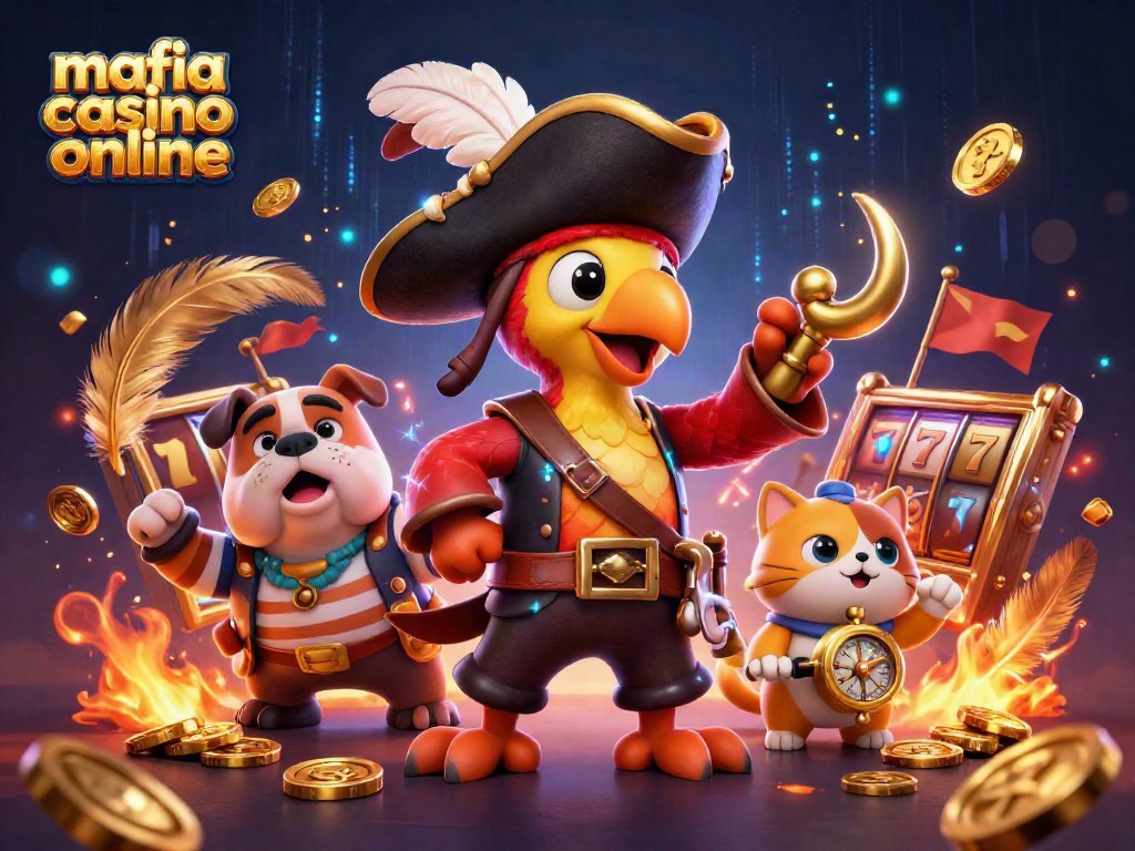 Experience the thrill of mafia casino online with a vibrant 3D scene featuring slot reels, gold coins, and playful characters.