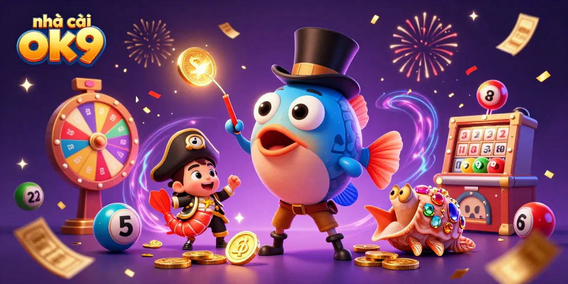 Engage with the exciting world of nhà cái ok9 as a cartoon anglerfish attracts golden coins amid colorful lottery elements.