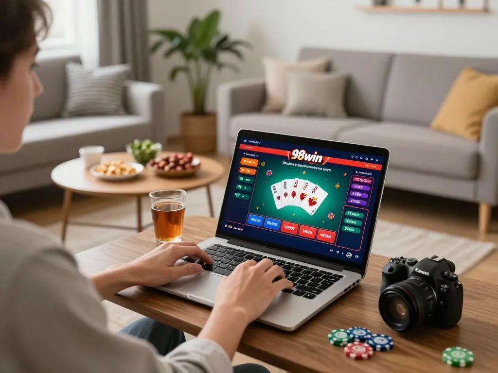 Engaging online gaming scene with 98win poker game interface on a laptop, conveying a comfortable atmosphere.