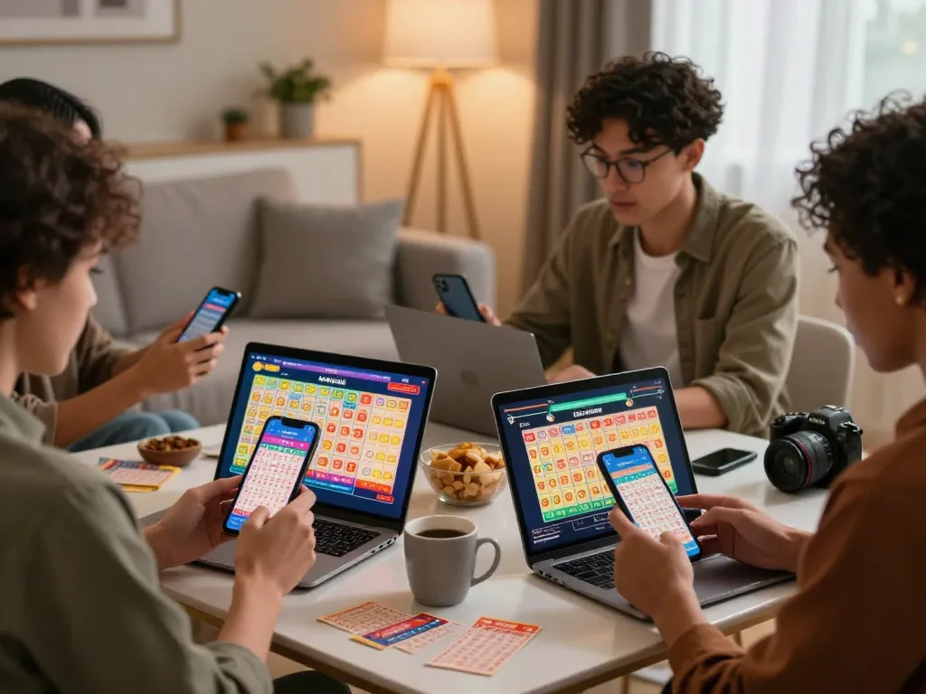 Engaging scene of diverse players participating in đánh đề online from home, with laptops and smartphones displaying vibrant lottery graphics.