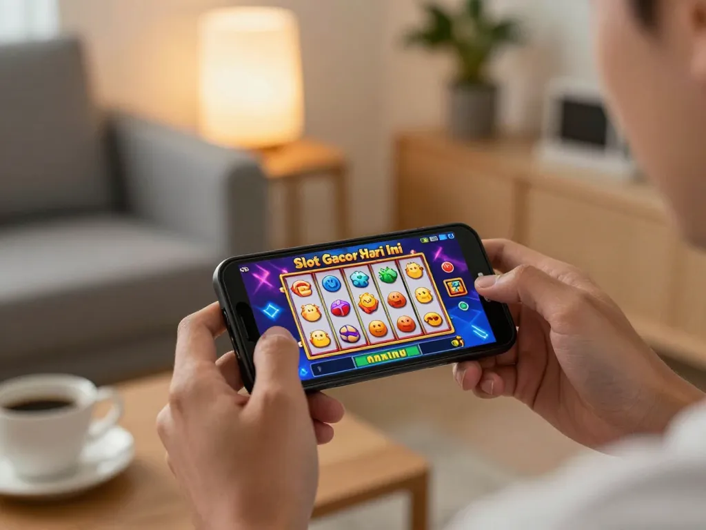 Bermain Slot Gacor Hari Ini di smartphone dengan grafik yang cerah, menampilkan suasana permainan di rumah
