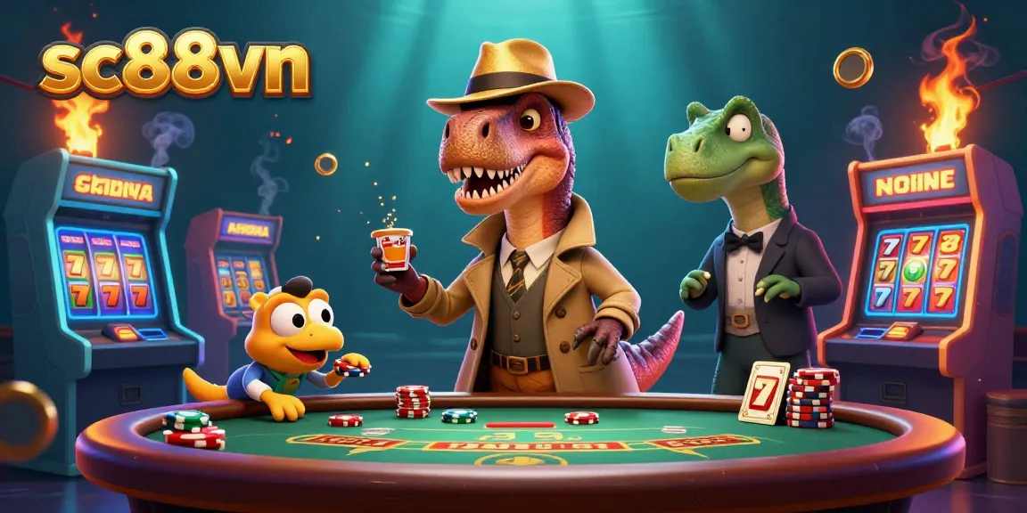 Experience the excitement of sc88vn with a 3D velociraptor card counter and colorful casino elements.