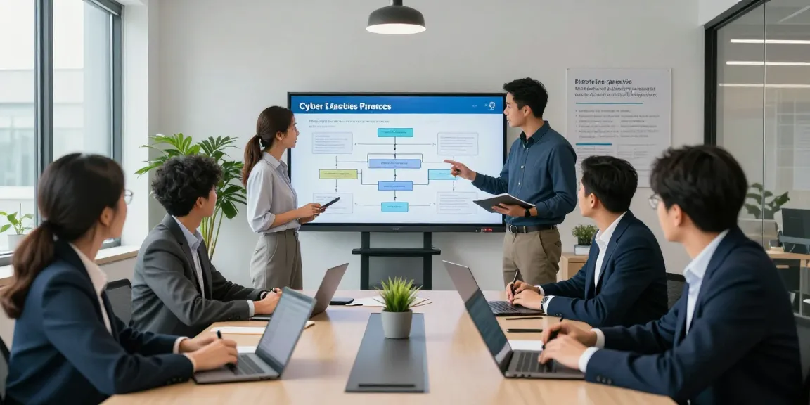 Cybersecurity professionals collaborating on how to get cyber essentials certified in a modern office space.