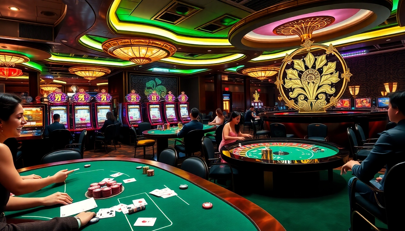 Engaging casino scene featuring vibrant slot machines and lively players betting, highlighting the excitement of nohu themed gaming.