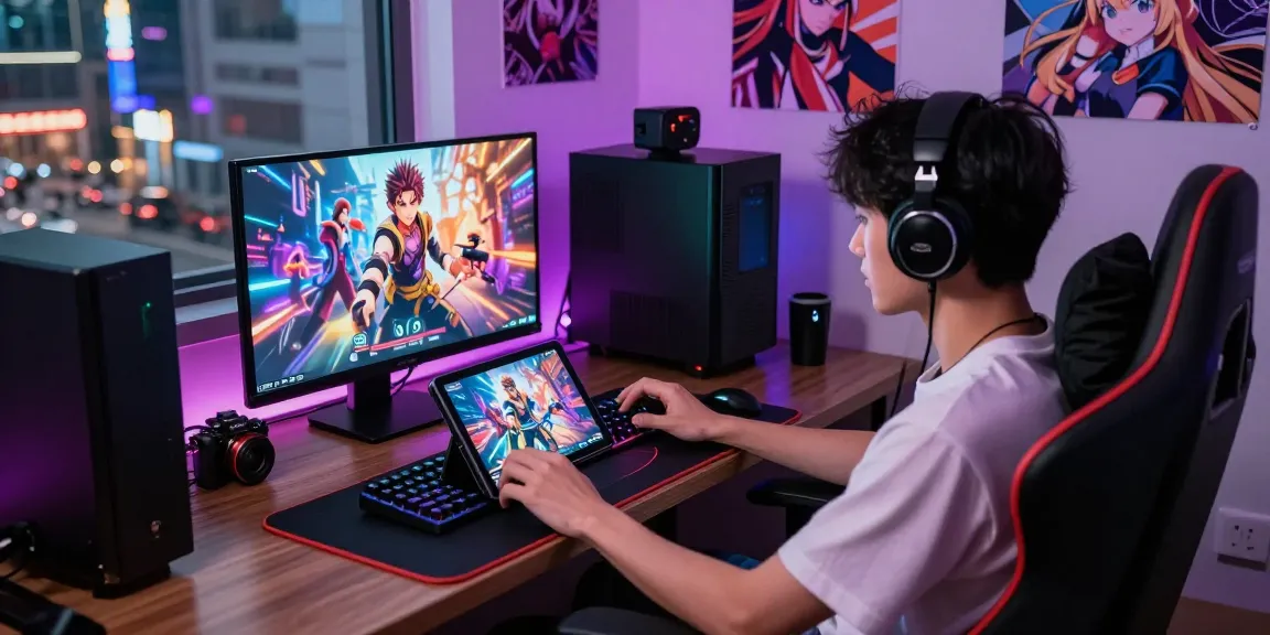 Engaging player immersed in a vibrant hentai game with colorful gaming setup.