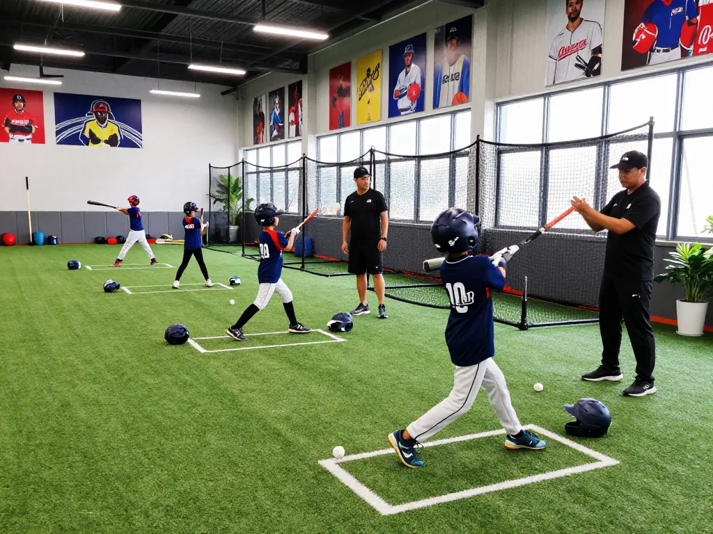 Athletes training at Hitclub baseball facility with dynamic practice activities and energetic atmosphere.