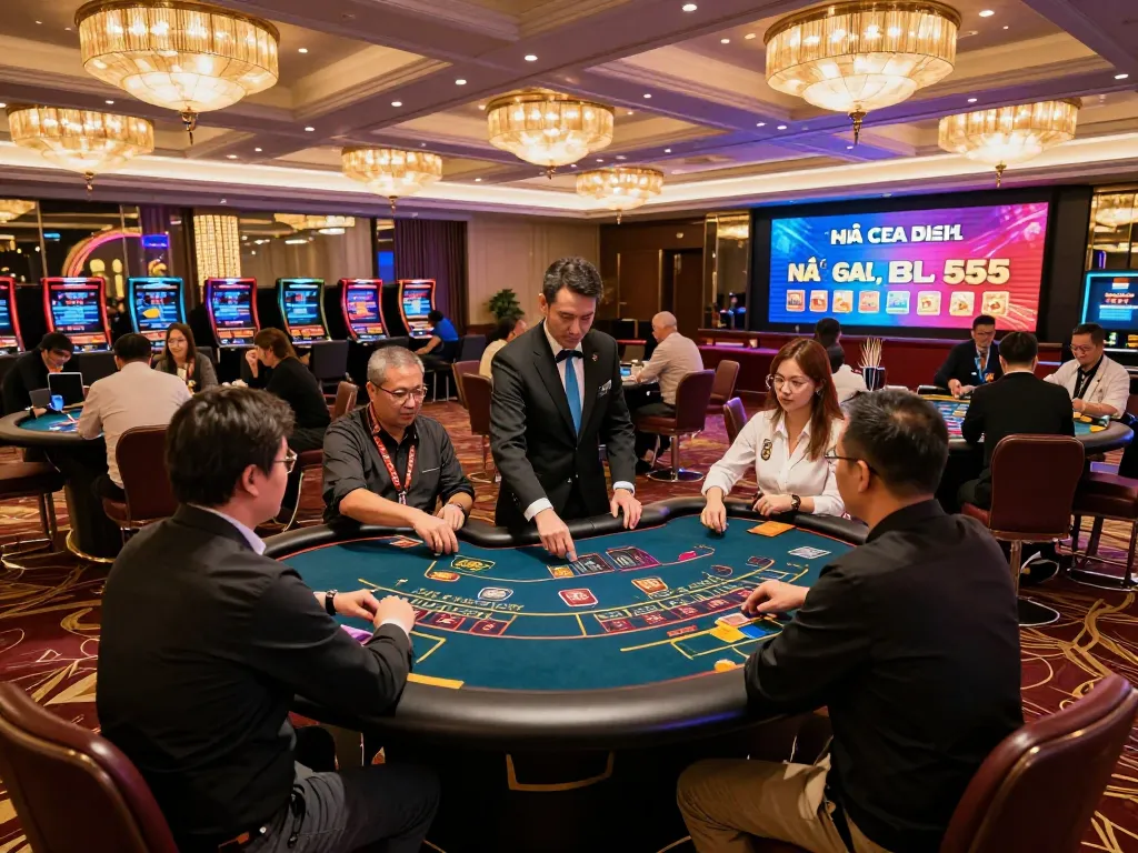 Engaging players at blackjack table in nhà cái BL555 casino setting showcasing strategic gameplay.