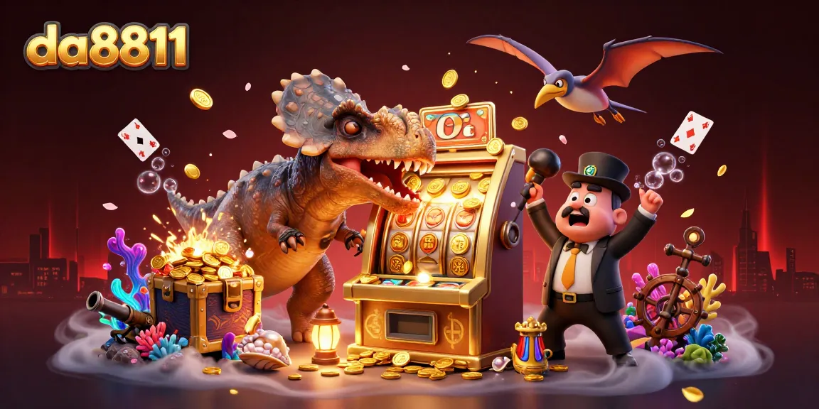 Experience exciting wins at da8811 as a pachycephalosaurus interacts with a golden slot machine, creating a vibrant casino vibe.