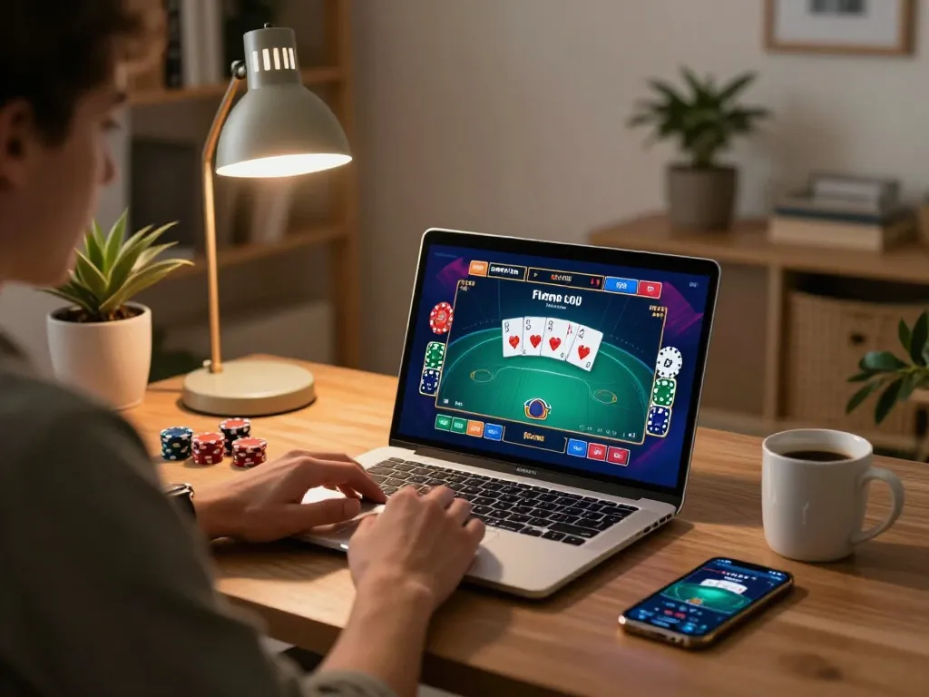 Engaging in strategic gameplay at Nhà cái UU88's online poker table, focusing on winning strategies and comfortable home setting.