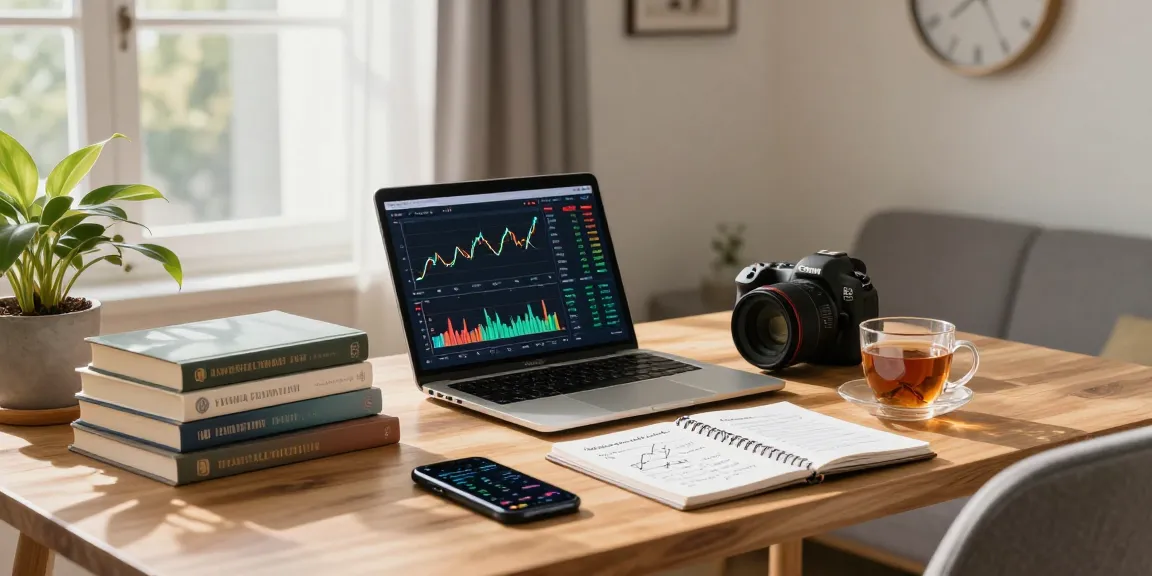 Investor reviewing ETF performance charts in a cozy home office with financial books and notes.