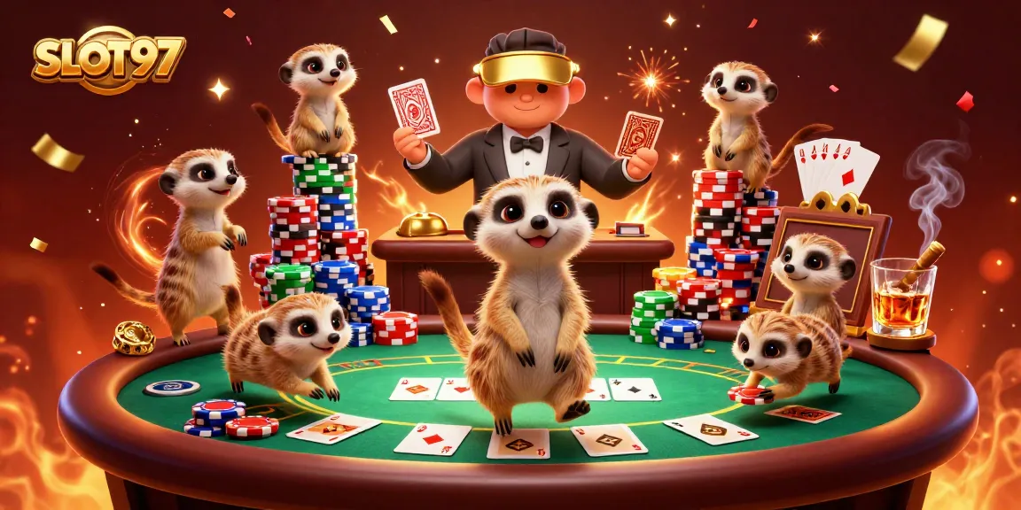 SLOT97 meerkats hosting a lively casino scene with poker tables and festive decorations.
