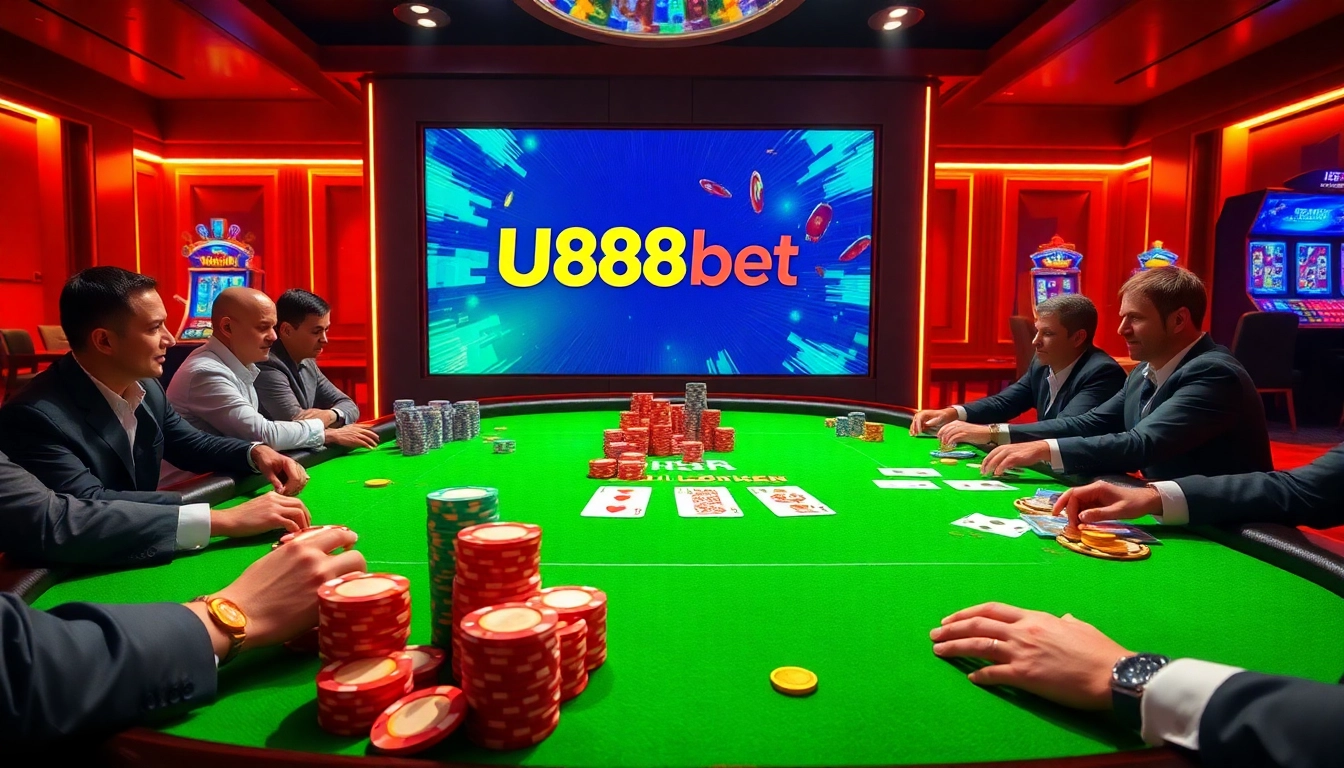 Engaged players at a U888bet poker table with vibrant chips and cards.