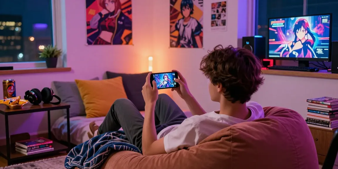 Young adult immersed in a mobile hentai game in a cozy bedroom setting with colorful LED lights.