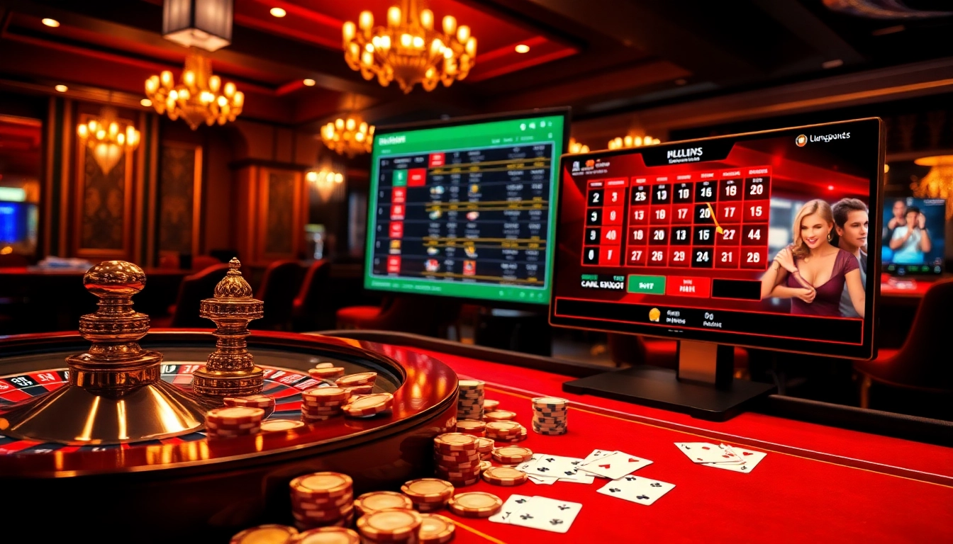 Exciting online gambling scene at https://luongsontv23.com/ with poker chips and a roulette wheel.